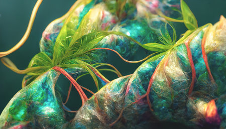 3d render of emitting a colorful jungle fantasy iridescent lightÂ background. Beautiful nature HD wallpaper.の写真素材