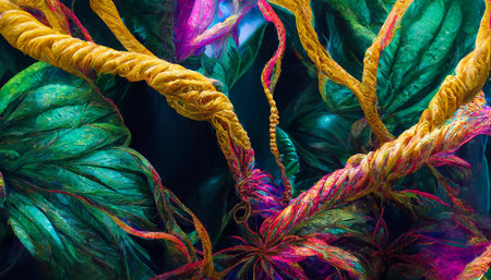 3d render of emitting a colorful jungle fantasy iridescent lightÂ background. Beautiful nature HD wallpaper.の写真素材