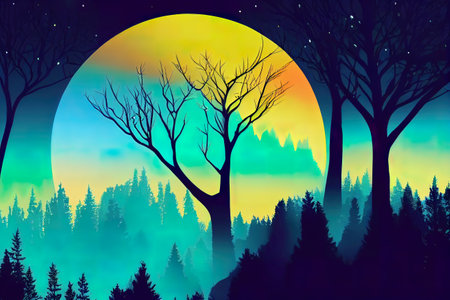 Silhouette mystical magic forest landscape in the moonlight. Silhouette trees in a cartoon style illustration. Surreal landscape for wallpapers and backgrounds. Mystic conceptual misty background.の写真素材