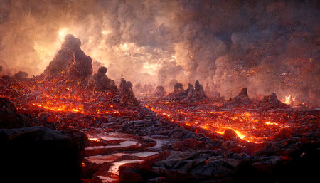 3D Render Molten Lava Texture Background. Lava was in the cracks of the earth to view the texture of the glow of volcanic magma in the cracks, the destroyed surface of the earth.の写真素材