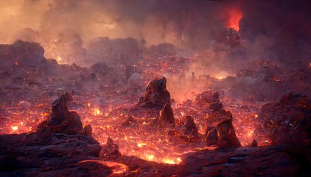 3D Render Molten Lava Texture Background. Lava was in the cracks of the earth to view the texture of...