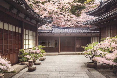 3D render of Old town Japan with cherry blossom trees, selective focused and blurred.の写真素材