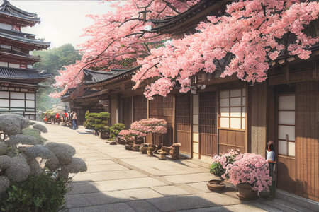 3D render of Old town Japan with cherry blossom trees, selective focused and blurred.の写真素材