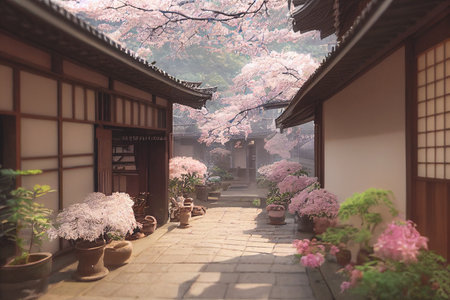 3D render of Old town Japan with cherry blossom trees, selective focused and blurred.の写真素材
