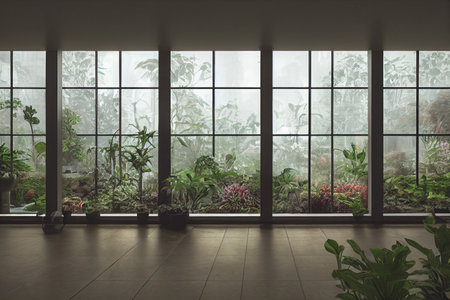 Beautiful indoor garden filled with plants and waterways background. 3d render photorealisticの写真素材