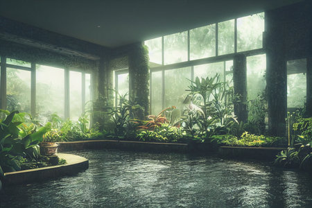 Beautiful indoor garden filled with plants and waterways background. 3d render photorealisticの写真素材