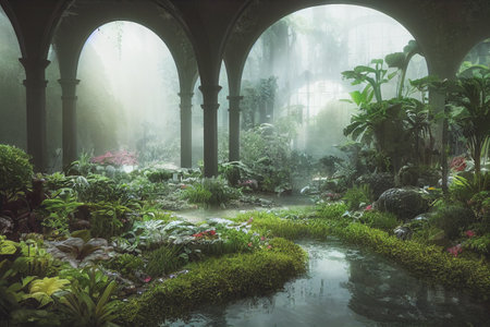 Beautiful indoor garden filled with plants and waterways background. 3d render photorealisticの写真素材