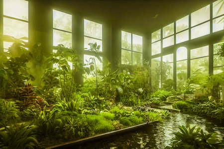 Beautiful indoor garden filled with plants and waterways background. 3d render photorealisticの写真素材