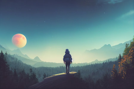 Intrepid traveler stands on cliff overlooking light autumn forest and  majestic light blue mountain range.Â 3D Render digital art.の写真素材