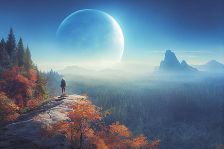 Intrepid traveler stands on cliff overlooking light autumn forest and  majestic light blue mountain range.Â 3D Render digital art.の写真素材