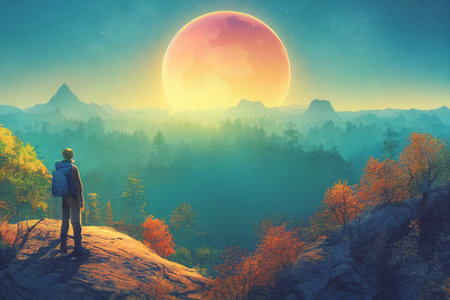 Intrepid traveler stands on cliff overlooking light autumn forest and  majestic light blue mountain range.Â 3D Render digital art.の写真素材