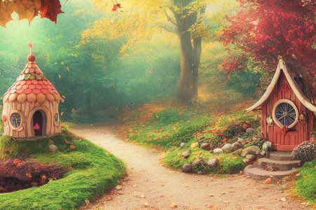 Blurred background of a fairy house surrounded by acorns and autumn leaves. 3D Renderの写真素材