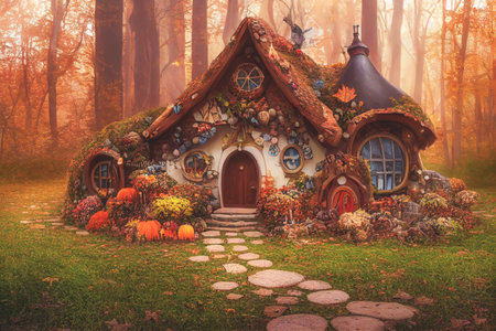 Blurred background of a fairy house surrounded by acorns and autumn leaves. 3D Renderの写真素材