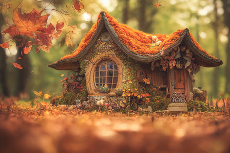 Blurred background of a fairy house surrounded by acorns and autumn leaves. 3D Renderの写真素材