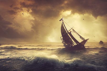 Pirate ship in storm with torn sails. 3D illustration.の写真素材