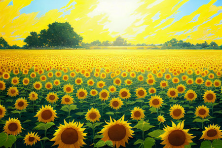 Summer with Sunflower field, Anime art styleの写真素材