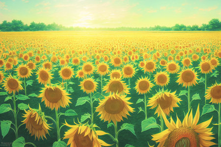 Summer with Sunflower field, Anime art styleの写真素材