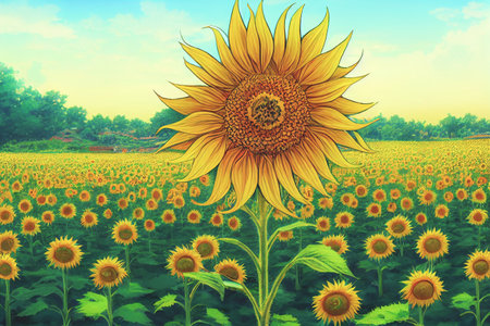 Summer with Sunflower field, Anime art styleの写真素材