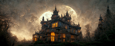 3d render of magical mansion under a full moon in a dark sky at night. Halloween concept banner backgroundの写真素材