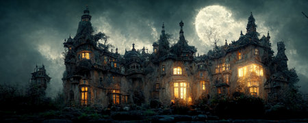 3d render of magical mansion under a full moon in a dark sky at night. Halloween concept banner...