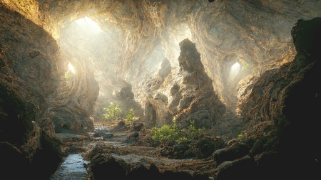 3D render of cave with beautiful natural stone decoration.