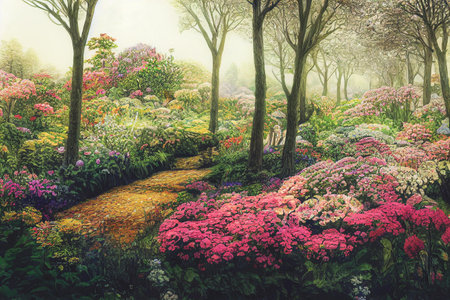 Park along the spring path through a lovely garden landscape. Floral background in a spring landscape. 3D Illustration, selective focused, blurred.の写真素材