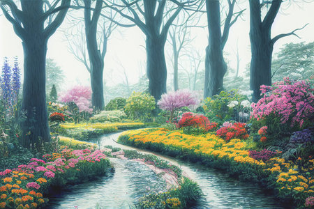 Park along the spring path through a lovely garden landscape. Floral background in a spring landscape. 3D Illustration, selective focused, blurred.の写真素材