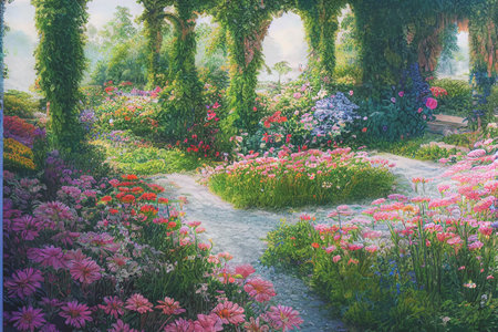 Park along the spring path through a lovely garden landscape. Floral background in a spring landscape. 3D Illustration, selective focused, blurred.の写真素材