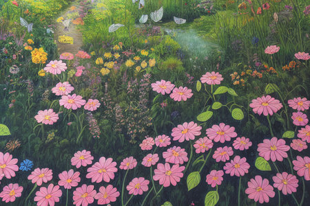 Park along the spring path through a lovely garden landscape. Floral background in a spring landscape. 3D Illustration, selective focused, blurred.の写真素材