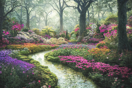 Park along the spring path through a lovely garden landscape. Floral background in a spring landscape. 3D Illustration, selective focused, blurred.の写真素材