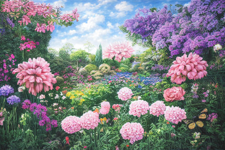 Park along the spring path through a lovely garden landscape. Floral background in a spring landscape. 3D Illustration, selective focused, blurred.の写真素材