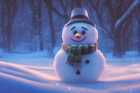3D render of cute snowman standing on snowy field in winter. Merry christmas and happy new year greeting card with copy-space.の写真素材