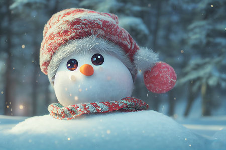 Cute snowman in Santa hat and red scalf standing on snowy field in winter Christmas and happy new year greeting cardの写真素材