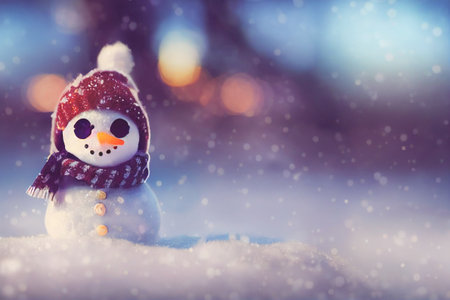 Cute snowman in Santa hat and red scalf standing on snowy field in winter Christmas and happy new year greeting cardの写真素材