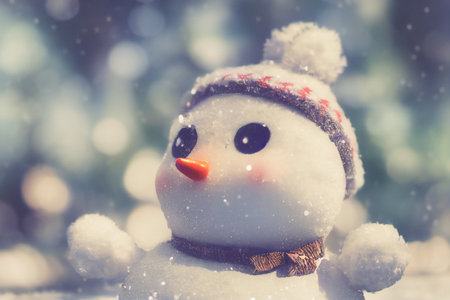 Cute snowman in Santa hat and red scalf standing on snowy field in winter Christmas and happy new year greeting cardの写真素材