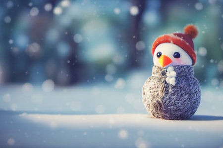 Cute snowman in Santa hat and red scalf standing on snowy field in winter Christmas and happy new year greeting cardの写真素材