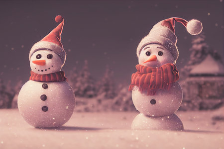 Cute snowman in Santa hat and red scalf standing on snowy field in winter Christmas and happy new year greeting cardの写真素材