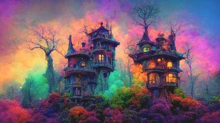 Halloween magical fairytale haunted treehouse castle with a colorful background. 3D illustrationの写真素材