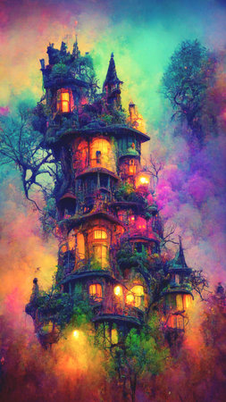 Halloween magical fairytale haunted treehouse castle with a colorful background. 3D illustrationの写真素材