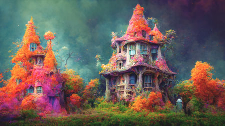 Halloween magical fairytale haunted treehouse castle with a colorful background. 3D illustrationの写真素材