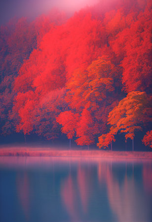 Bright Autumn with white fog and colorful red maple trees by the lake. 3D illustrationの写真素材
