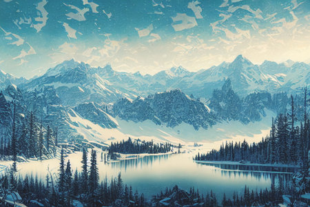 Aerial view of snowy mountains, Blue sea with frosty coast with reflection in the water, Snow covered winter mountain lake in a winter atmosphere. 3D render of beautiful background photo.の写真素材