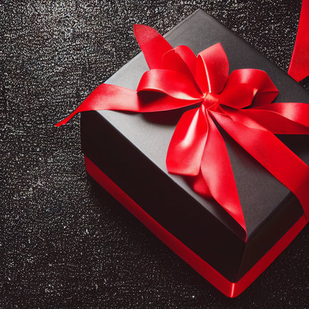 Top view of black Christmas boxes with red ribbon on a black background with copy space for text. Composition of Black Friday and Boxing Day.Â 3D illustrationの写真素材