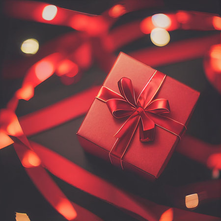 Top view of black Christmas boxes with red ribbon on a black background with copy space for text....