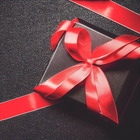 Top view of black Christmas boxes with red ribbon on a black background with copy space for text. Composition of Black Friday and Boxing Day.Â 3D illustrationの写真素材