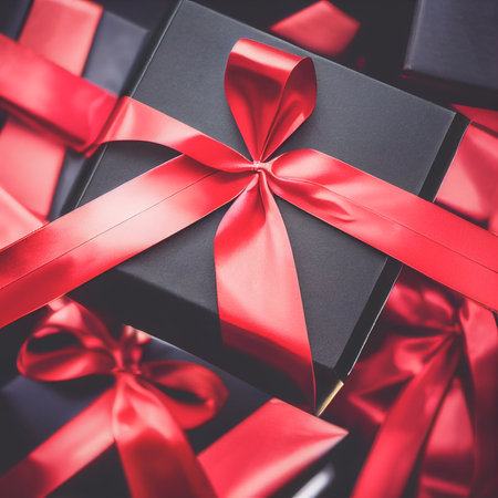 Top view of black Christmas boxes with red ribbon on a black background with copy space for text. Composition of Black Friday and Boxing Day.Â 3D illustrationの写真素材