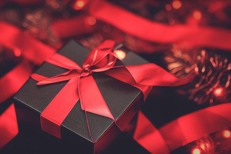 Top view of black Christmas boxes with red ribbon on a black background with copy space for text. Composition of Black Friday and Boxing Day.Â 3D illustrationの写真素材
