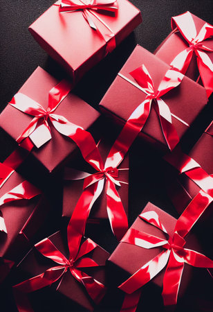 Top view of black Christmas boxes with red ribbon on a black background with copy space for text. Composition of Black Friday and Boxing Day.Â 3D illustrationの写真素材
