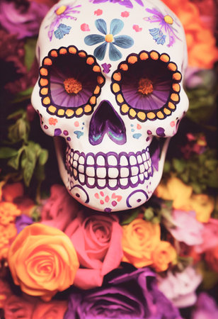 Colorful candy sugar skulls with flowers on Day of the Dead festival in Mexico.の写真素材