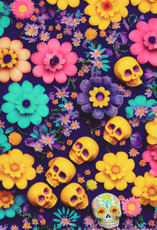 Colorful candy sugar skulls with flowers on Day of the Dead festival in Mexico.の写真素材